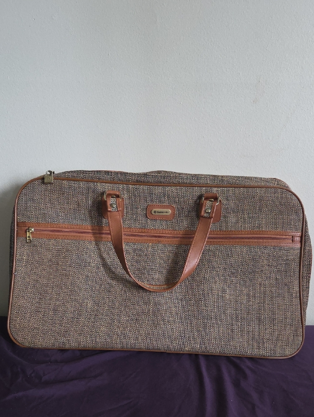 Vintage Samesonite Brown Woven Travel Duffel Bag with Leather Trim